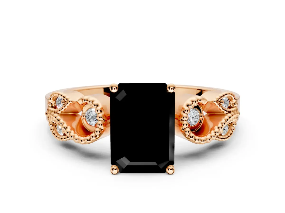 Leaf Engagement Ring Setting for Fancy Black Emerald Cut Center with Milgrain Accent Band and Prong Head in Rose Gold