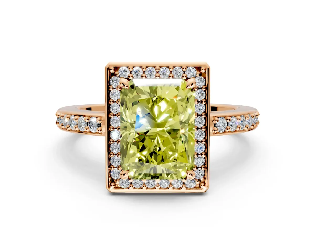 Halo Engagement Ring Setting for Fancy Yellow Radiant Cut Center with Metal-Rimmed Halo, Pave Band and Prong Head in Rose Gold