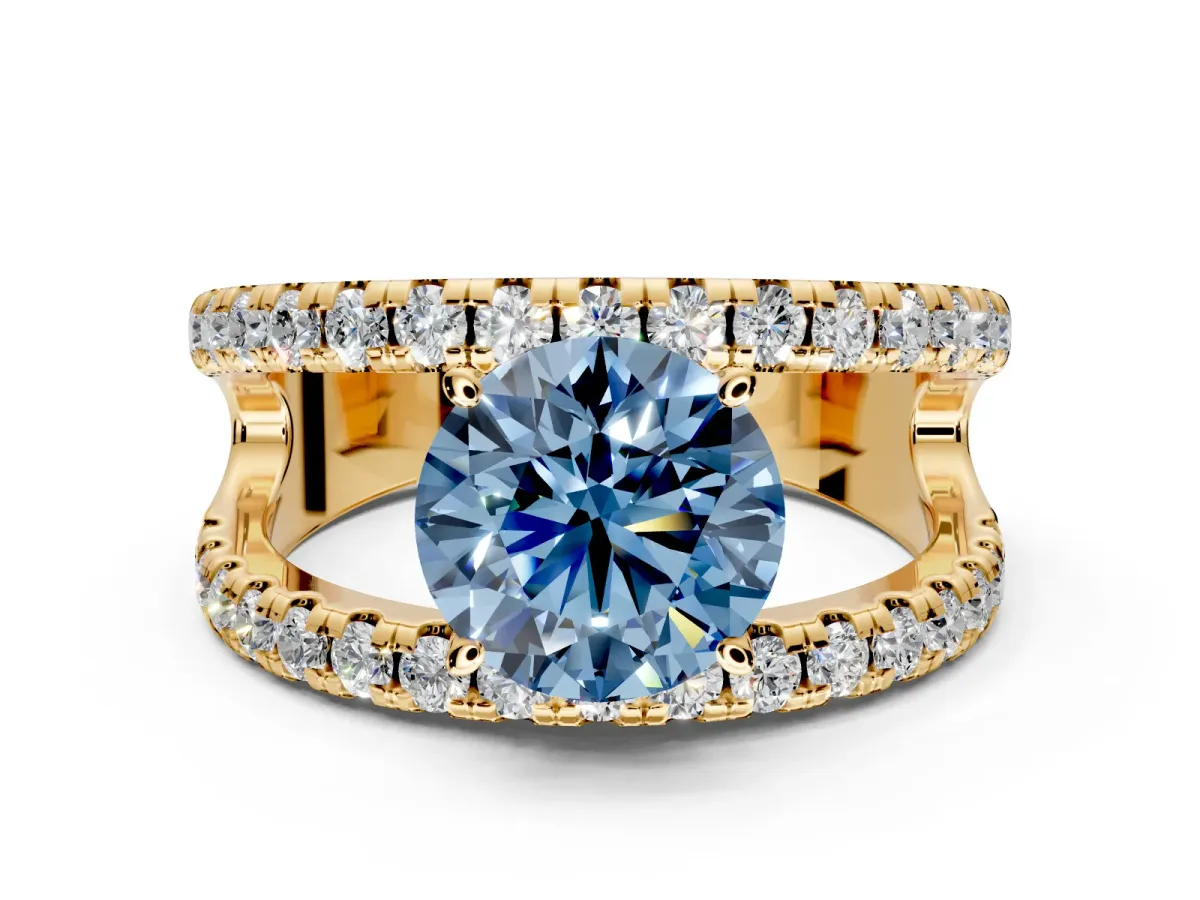 Solitaire Engagement Ring Setting for Fancy Blue Round Cut Center with Wide-Open Split Shank and Prong Head in Yellow Gold