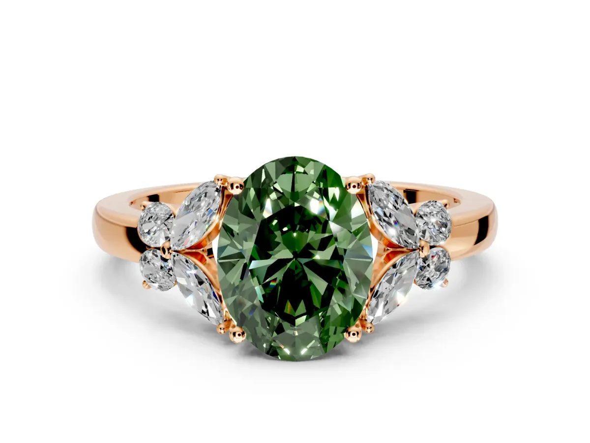 Solitaire Engagement Ring Setting for Fancy Green Oval Center with Marquise Flower Shoulders and Prong Head in Rose Gold