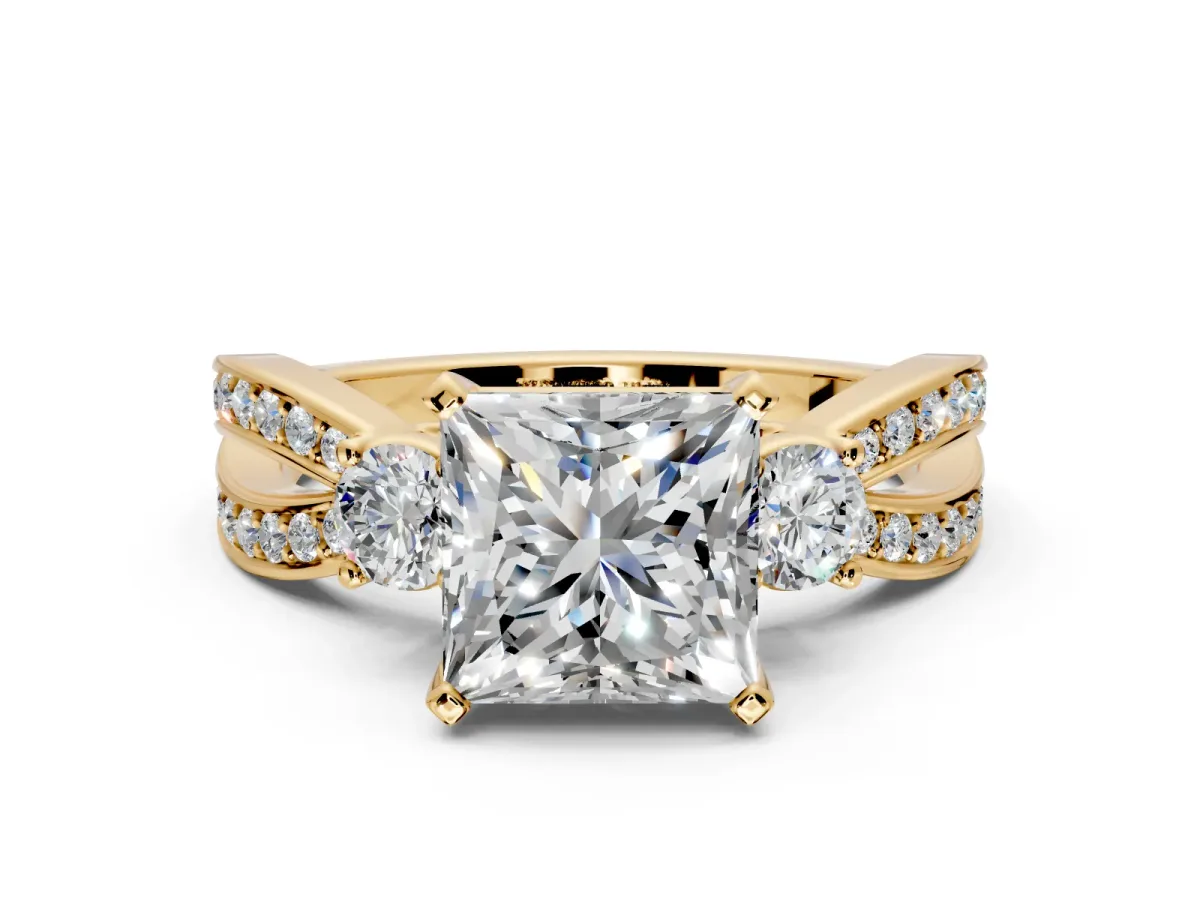 3 Stone Engagement Ring Setting for Princess Cut Center with Pave Twist Band and Prong Head in Yellow Gold