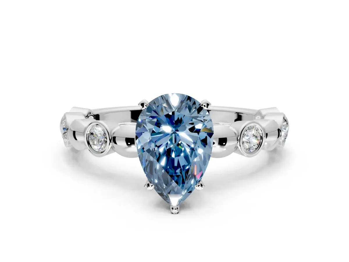 Solitaire Engagement Ring Setting for Fancy Blue Pear-Shaped Center with Beaded Bezel Station Band and Prong Head in Platinum