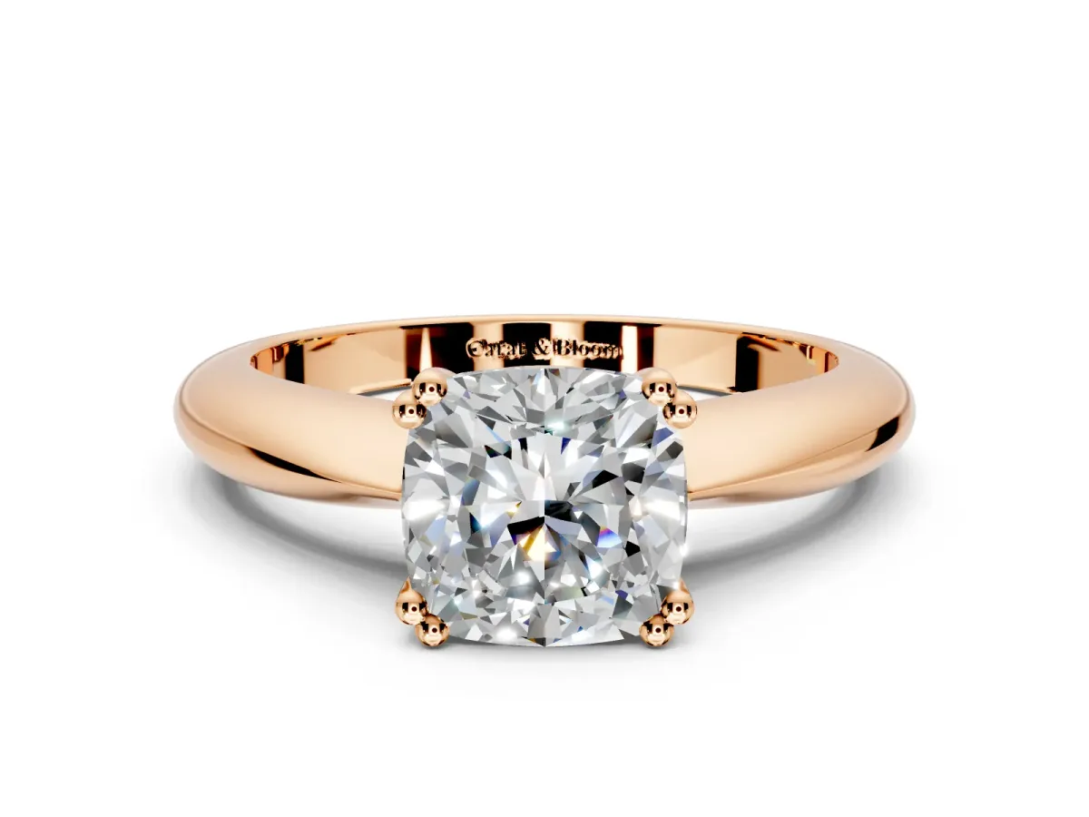 Solitaire Engagement Ring Setting for Cushion Cut Center with Reverse Tapered Band and Prong Head in Rose Gold