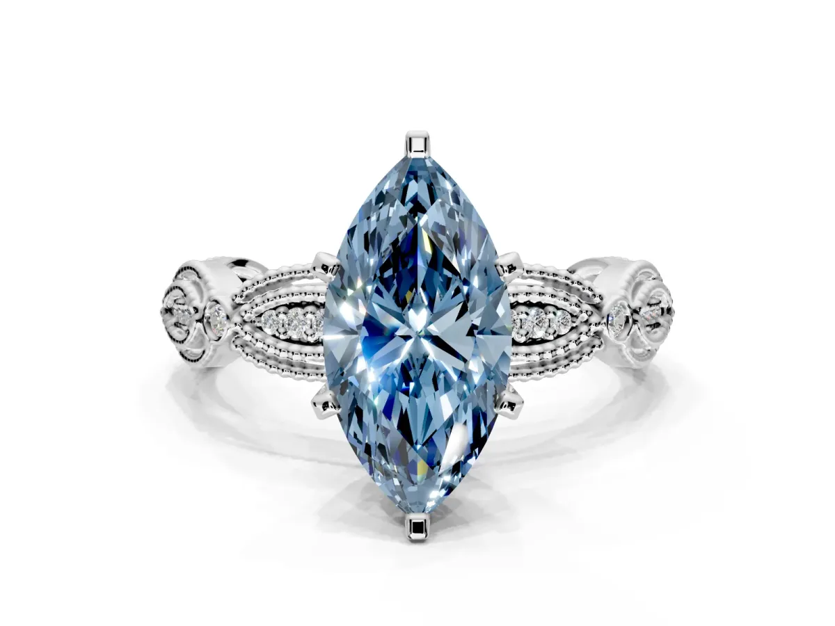 Solitaire Engagement Ring Setting for Fancy Blue Marquise Center with Marquise Panel Band and Prong Head in Sterling Silver