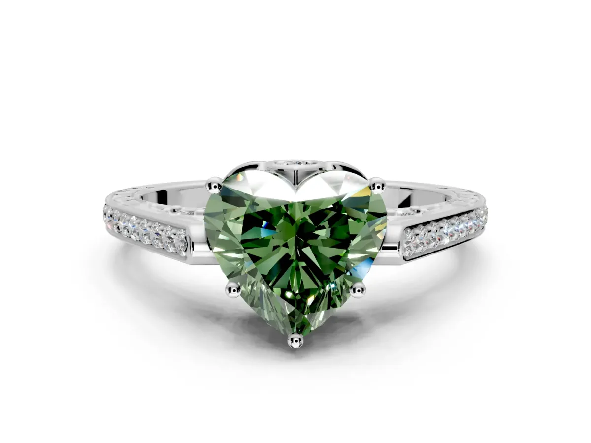 Cathedral Engagement Ring Setting for Fancy Green Heart-Shaped Center with Antique-Style Pave Band and Prong Head in Sterling Silver