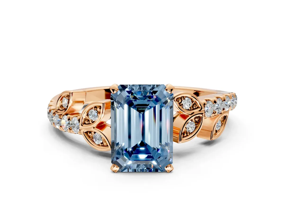 Leaf Motif Engagement Ring Setting for Fancy Blue Emerald Cut Center with Pave Band and Prong Head in Rose Gold