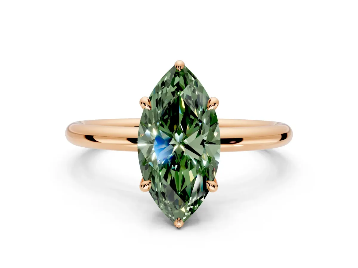 Hidden Halo Engagement Ring Setting for Fancy Green Marquise Center with Thin Rounded Band and Prong Head in Rose Gold