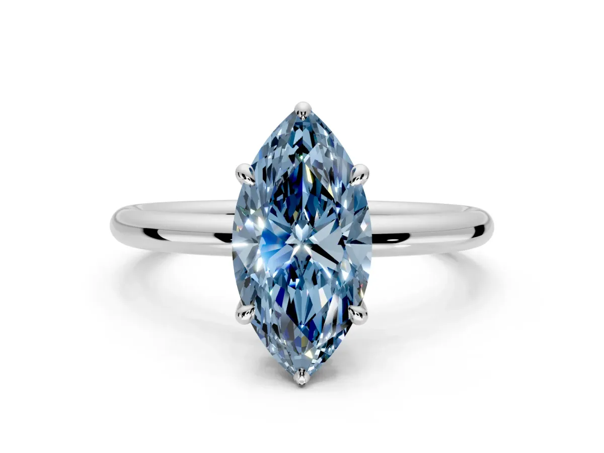Hidden Halo Engagement Ring Setting for Fancy Blue Marquise Center with Thin Rounded Band and Prong Head in Sterling Silver