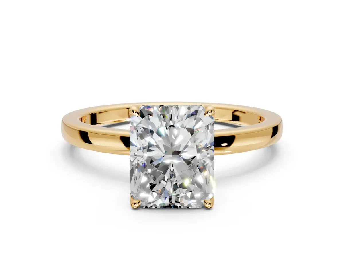 Solitaire Engagement Ring Setting for Radiant Cut Center with Thin Rounded Plain Band and Prong Head in Yellow Gold