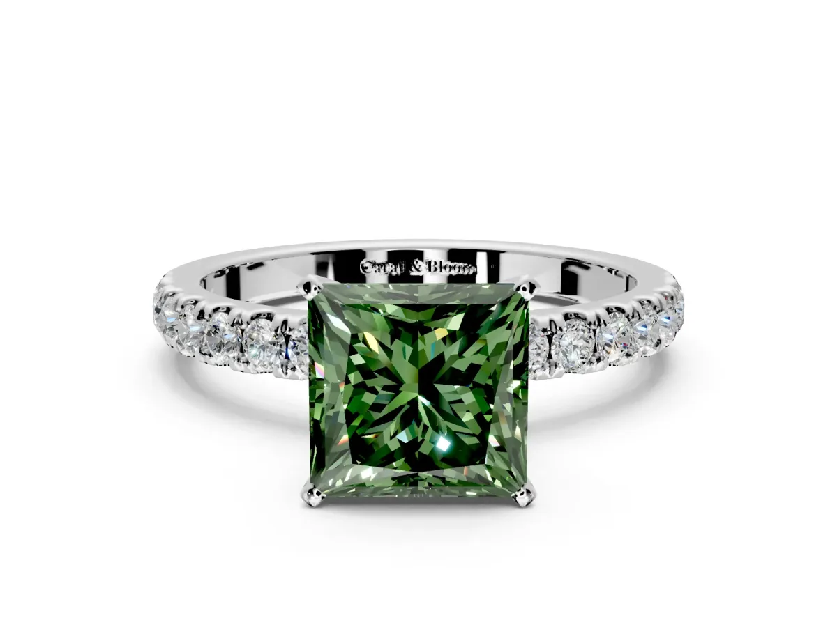 Open Basket Engagement Ring Setting for Fancy Green Princess Cut Center with Pave Band and Prong Head in Platinum