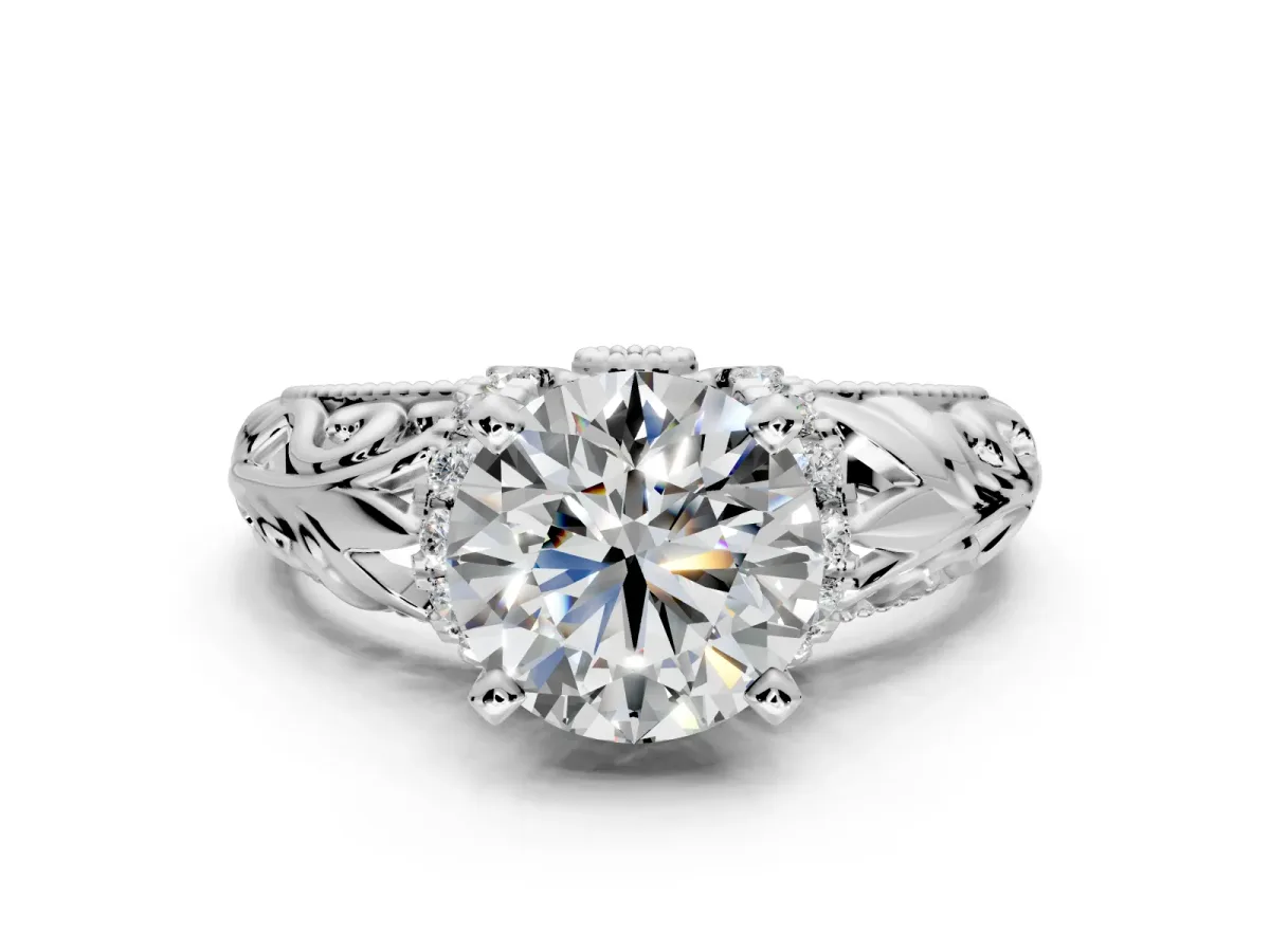 Solitaire Engagement Ring Setting for Round Cut Center with Filigree Accent Basket and Prong Head in Sterling Silver