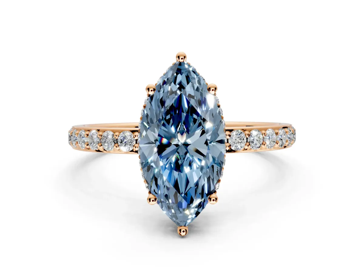 Hidden Halo Engagement Ring Setting for Fancy Blue Marquise Center with Pave Band and Prong Head in Rose Gold