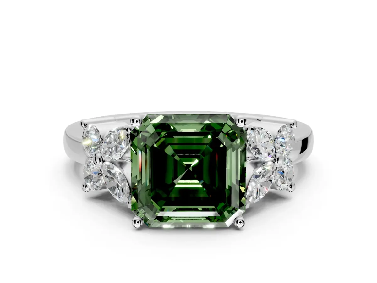 Floral Engagement Ring Setting for Fancy Green Asscher Cut Center with Marquise Cluster Shoulders and Prong Head in Sterling Silver