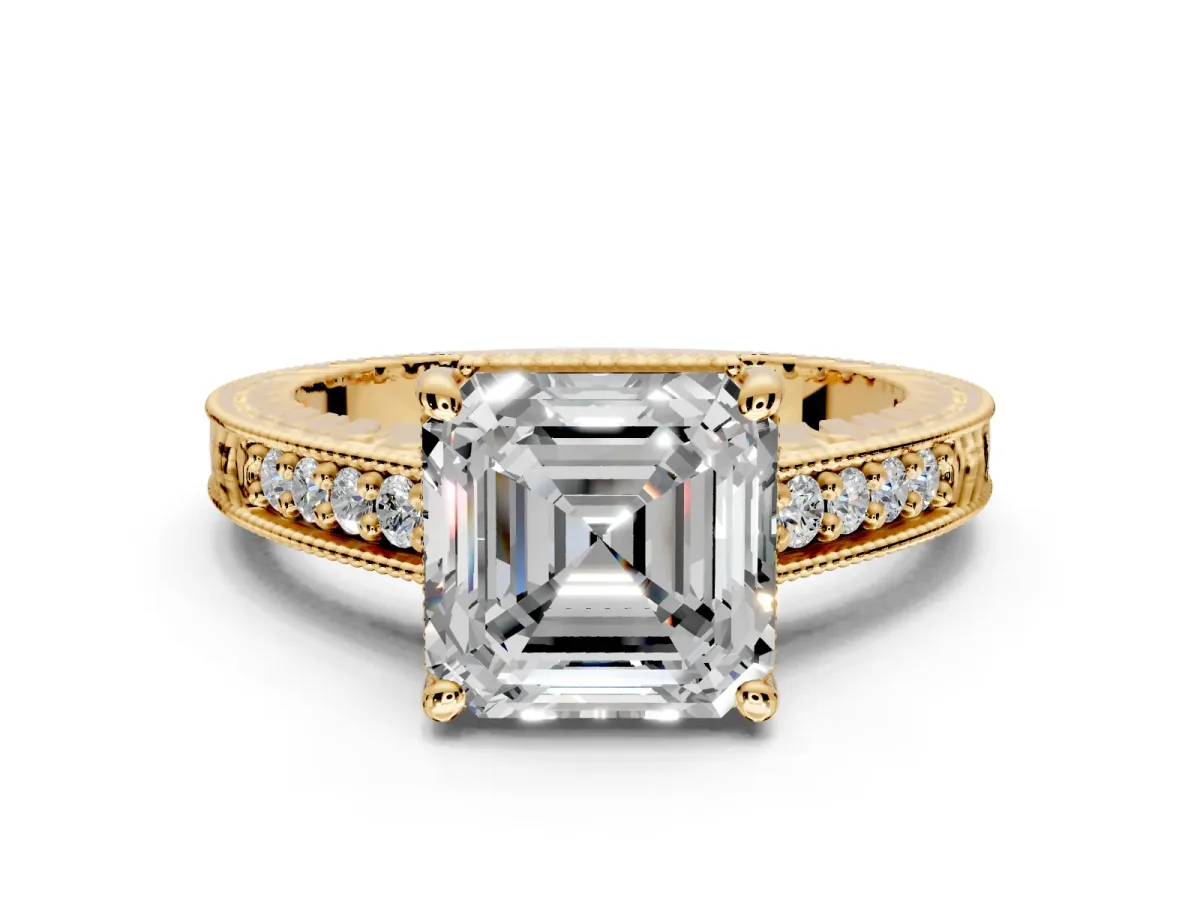 Engraved Engagement Ring Setting for Asscher Cut Center with Milgrain Pave Band and Prong Head in Yellow Gold