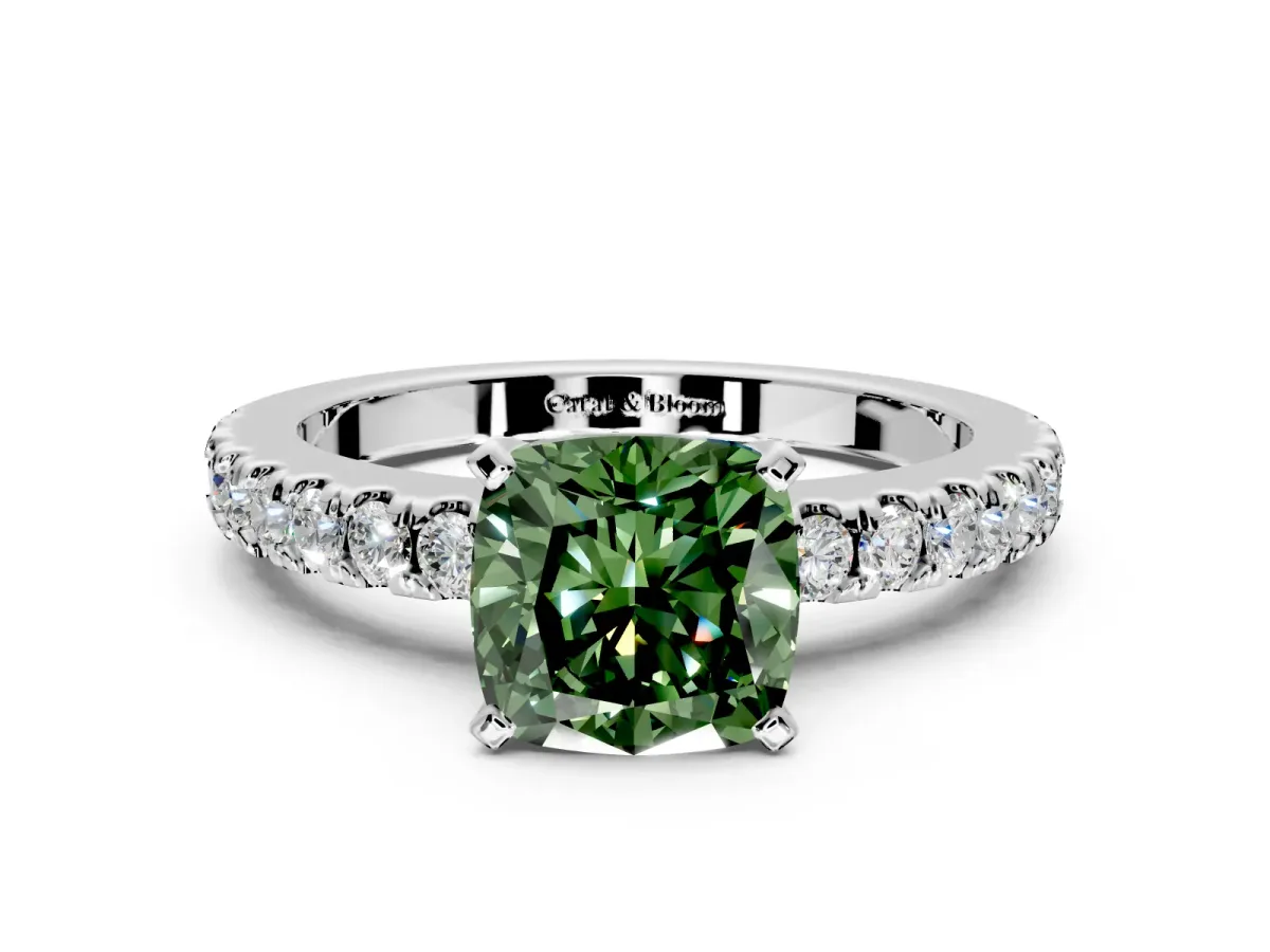 Solitaire Engagement Ring Setting for Fancy Green Cushion Cut Center with Single Row Accent Band and Prong Head in Sterling Silver