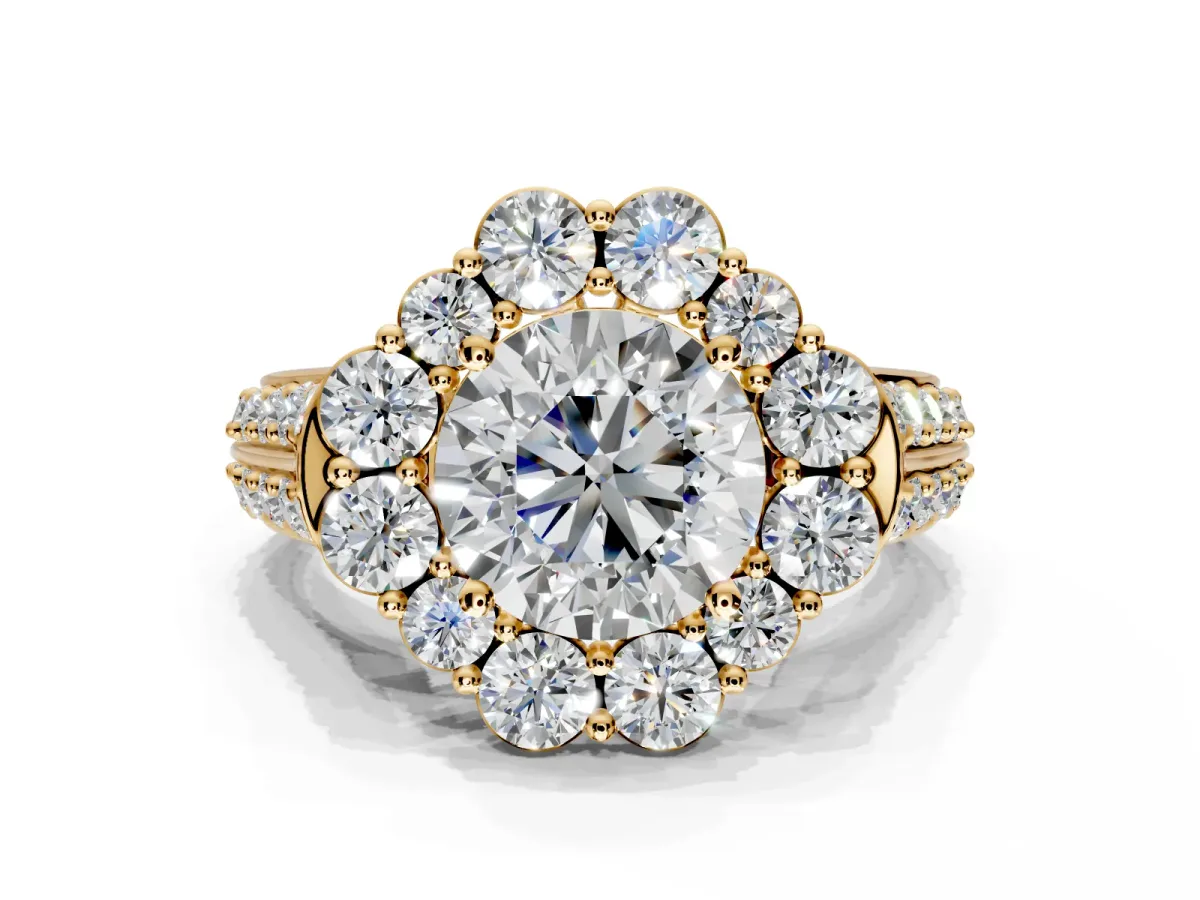 Large Accent Halo Engagement Ring Setting for Round Cut Center with Pave Split Shank and Prong Head in Yellow Gold
