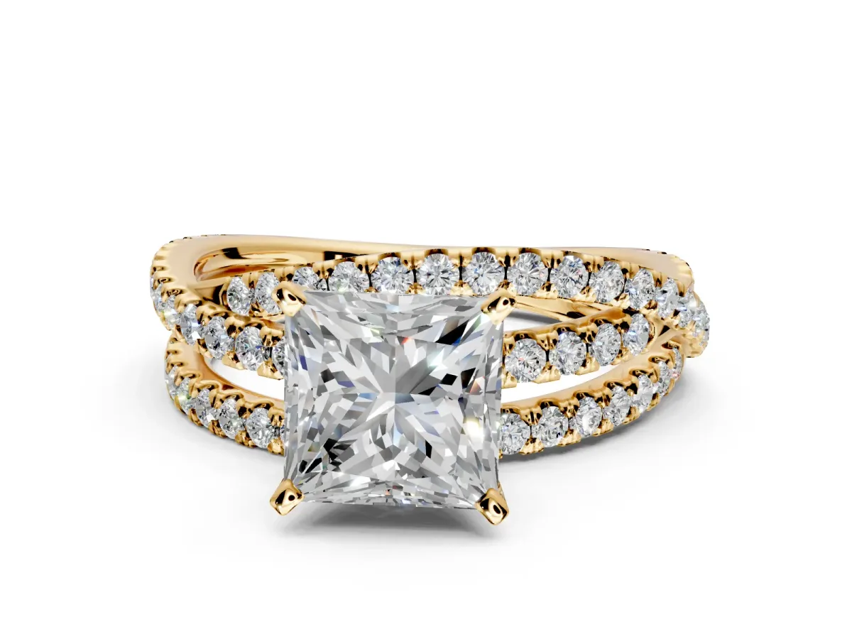 Solitaire Engagement Ring Setting for Princess Cut Center with Woven 3-Strand Pave Band and Prong Head in Yellow Gold