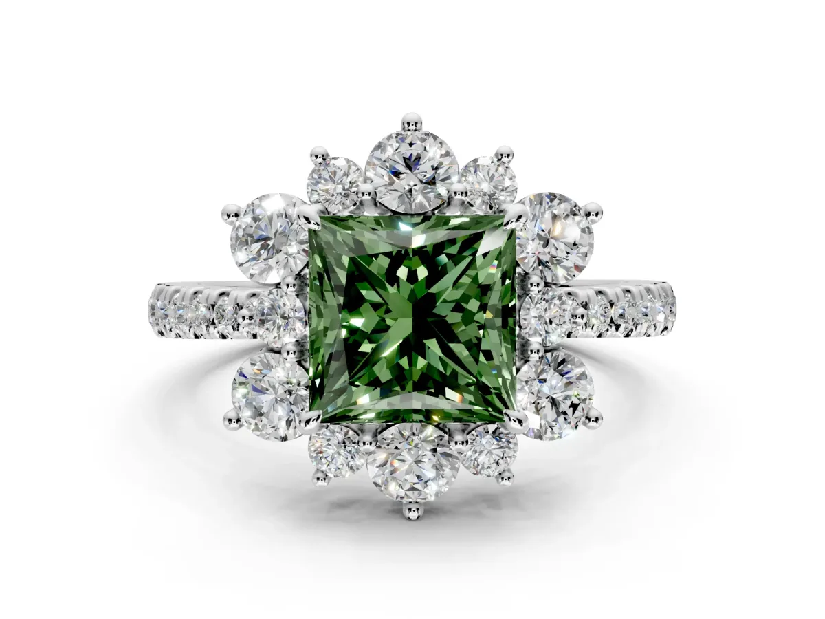 Floral Halo Engagement Ring Setting for Fancy Green Princess Cut Center with Pave Accents and Prong Head in White Gold
