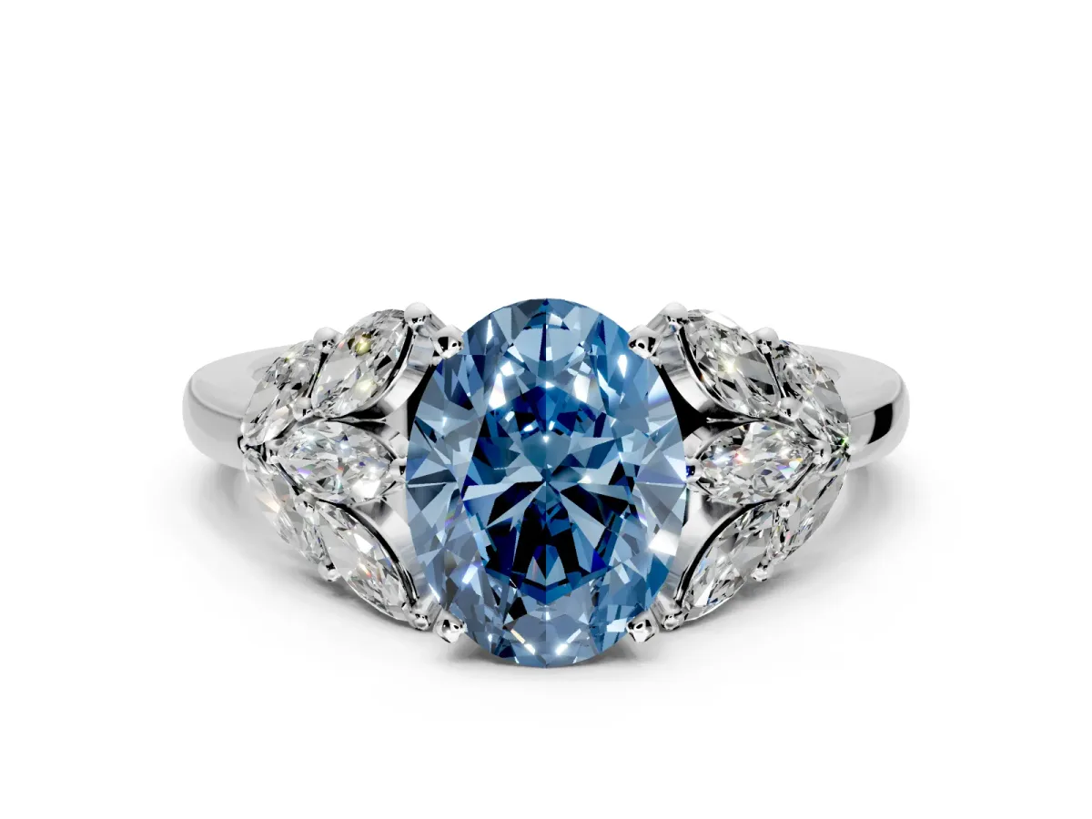 Leaf Cluster Engagement Ring Setting for Fancy Blue Oval Center with Marquise Accents and Prong Head in White Gold
