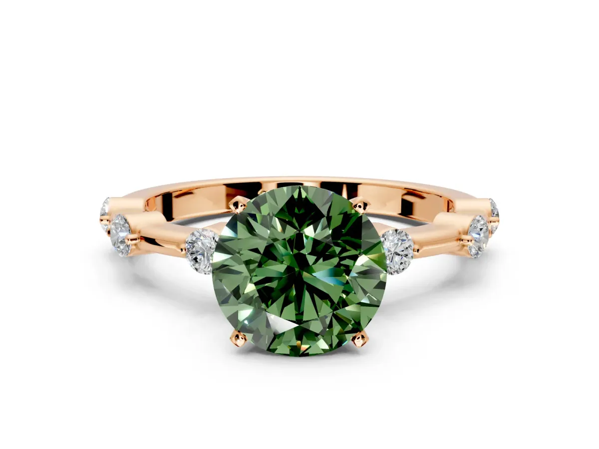 Solitaire Engagement Ring Setting for Fancy Green Round Cut Center with Bezel Station Band and Prong Head in Rose Gold