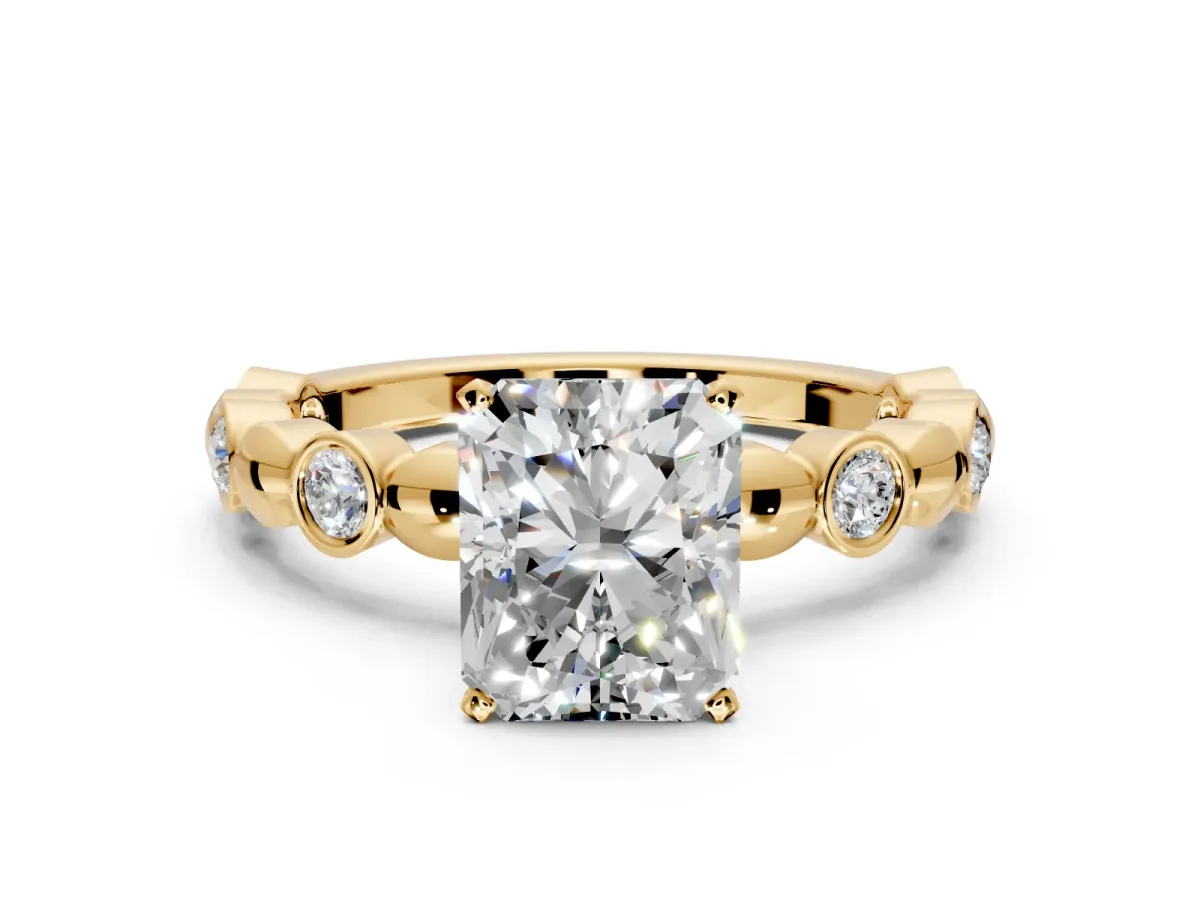 Solitaire Engagement Ring Setting for Radiant Cut Center with Beaded Bezel Station Band and Prong Head in Yellow Gold