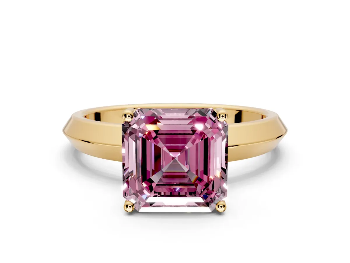 Solitaire Engagement Ring Setting for Fancy Pink Asscher Cut Center with Wide Knife Ridge Band and Prong Head in Yellow Gold