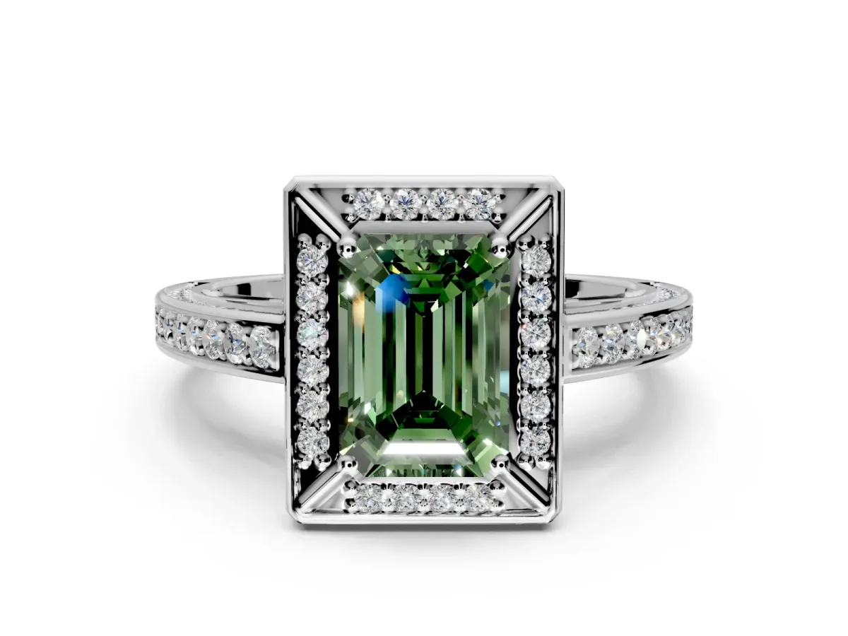 Halo Engagement Ring Setting for Fancy Green Emerald Cut Center with Framed Halo, Pave Band and Prong Head in Sterling Silver