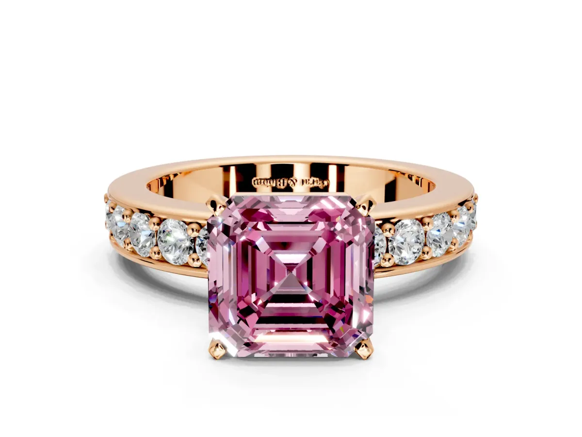 Solitaire Engagement Ring Setting for Fancy Pink Asscher Cut Center with Channel-Set Accents and Prong Head in Rose Gold