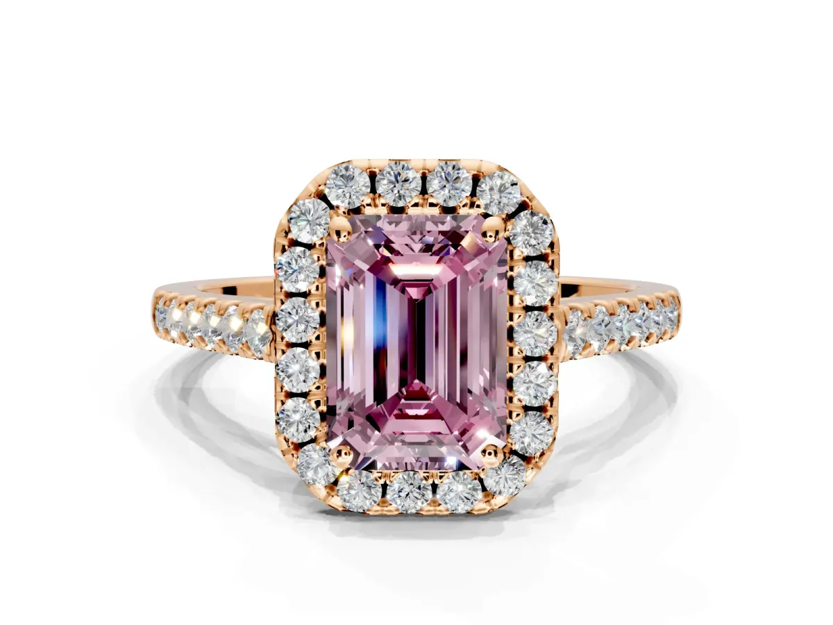 Halo Engagement Ring Setting for Fancy Pink Emerald Cut Center with Narrowing Pave Band and Prong Head in Rose Gold