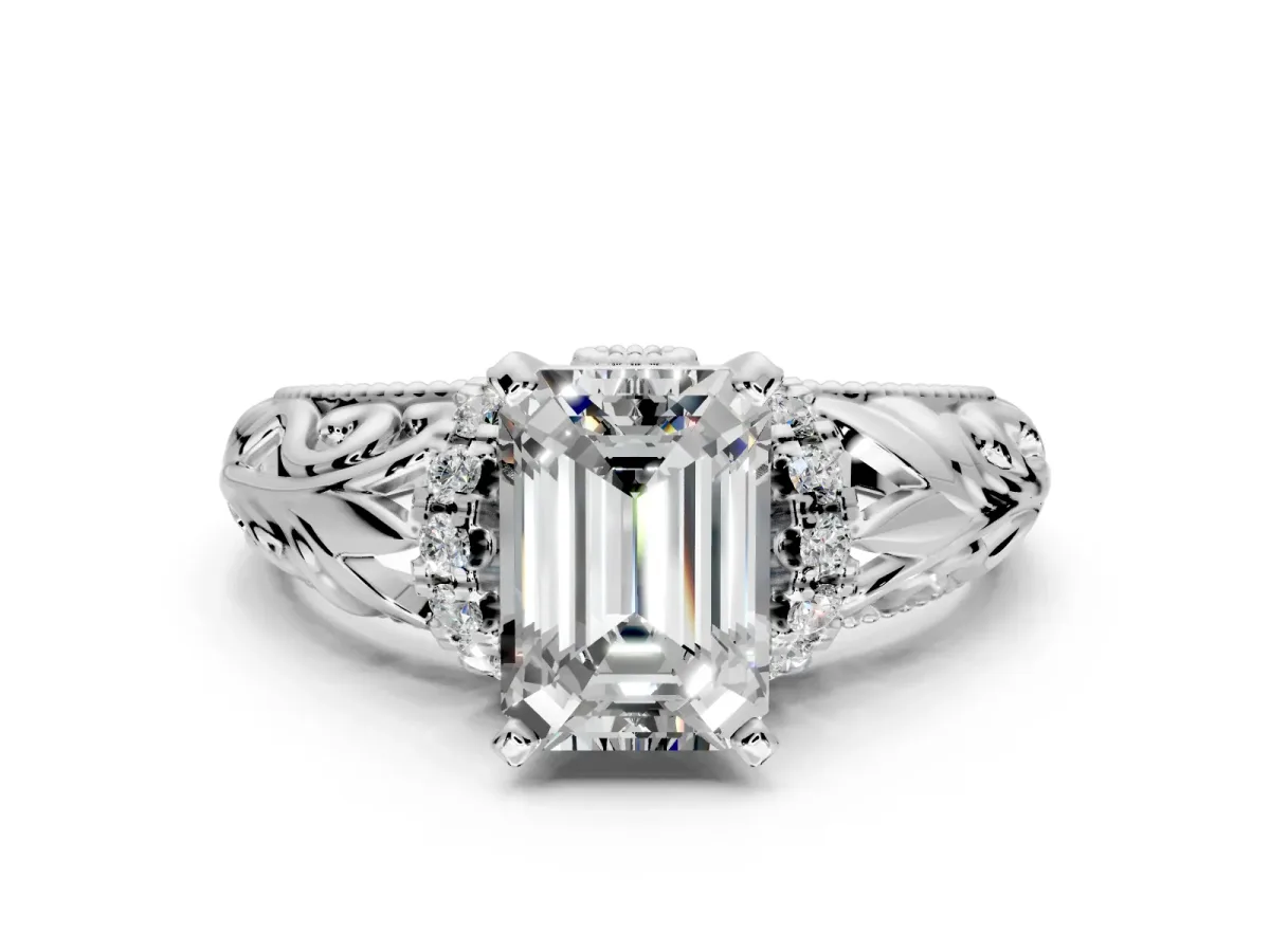 Solitaire Engagement Ring Setting for Emerald Cut Center with Filigree Accent Basket and Prong Head in White Gold