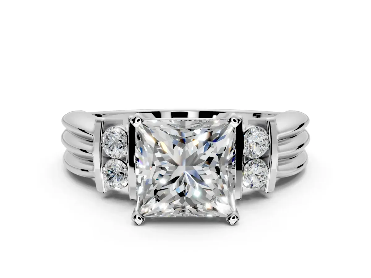 Solitaire Engagement Ring Setting for Princess Cut Center with Grooved Bar Accent Band and Prong Head in Platinum