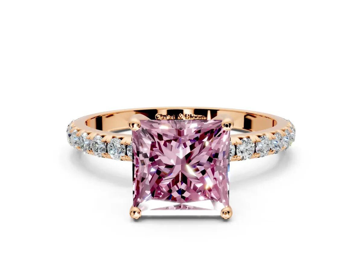 Solitaire Engagement Ring Setting for Fancy Pink Princess Cut Center with Micro Pave Band and Prong Head in Rose Gold