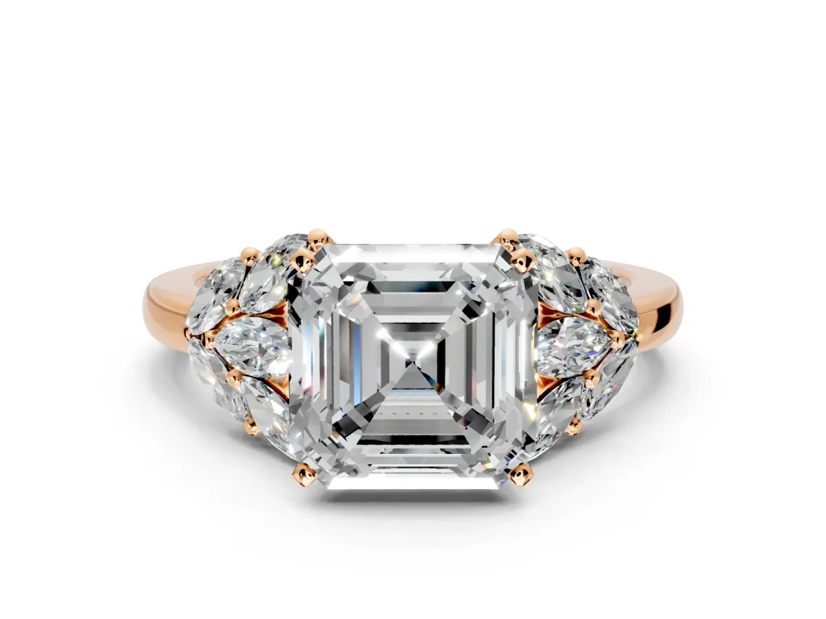 Leaf Cluster Engagement Ring Setting for Asscher Cut Center with Marquise Accents and Prong Head in Rose Gold