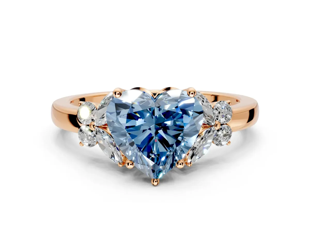 Solitaire Engagement Ring Setting for Fancy Blue Heart-Shaped Center with Marquise Flower Shoulders and Prong Head in Rose Gold