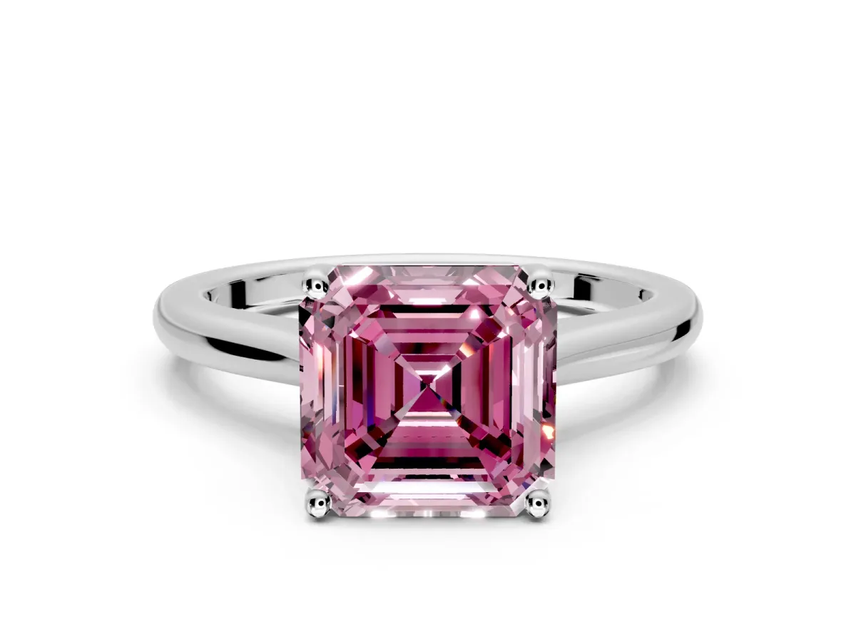 Solitaire Engagement Ring Setting for Fancy Pink Asscher Cut Center with Narrow Cathedral Band and Prong Head in White Gold