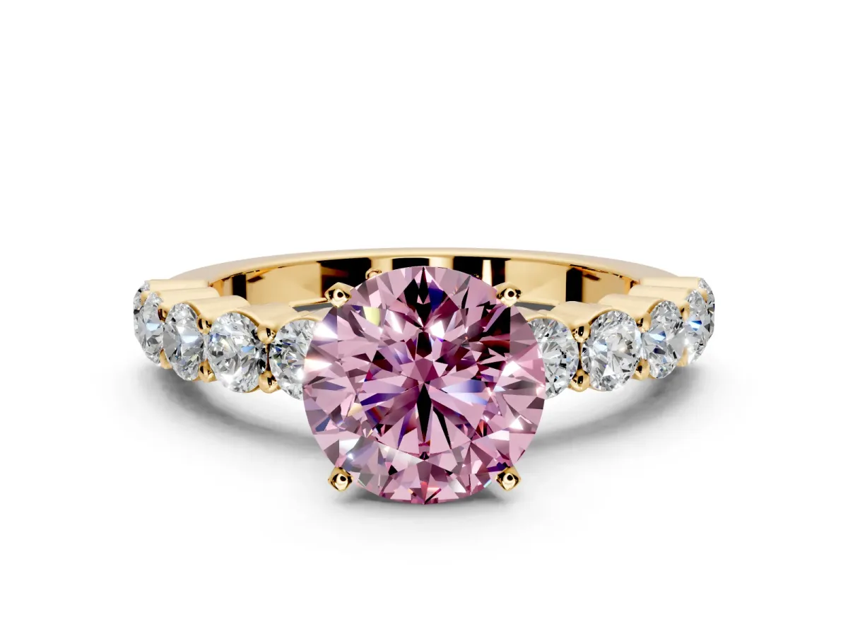 Shared-Prong Engagement Ring Setting for Fancy Pink Round Cut Center with Graduated Accents and Prong Head in Yellow Gold