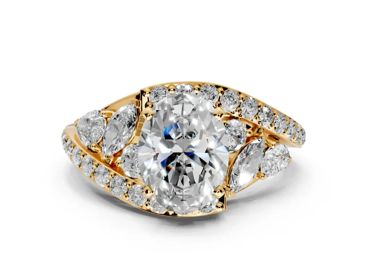 Halo Engagement Ring Setting for Oval Center with Marquise and Pave Bypass Band and Prong Head in Yellow Gold