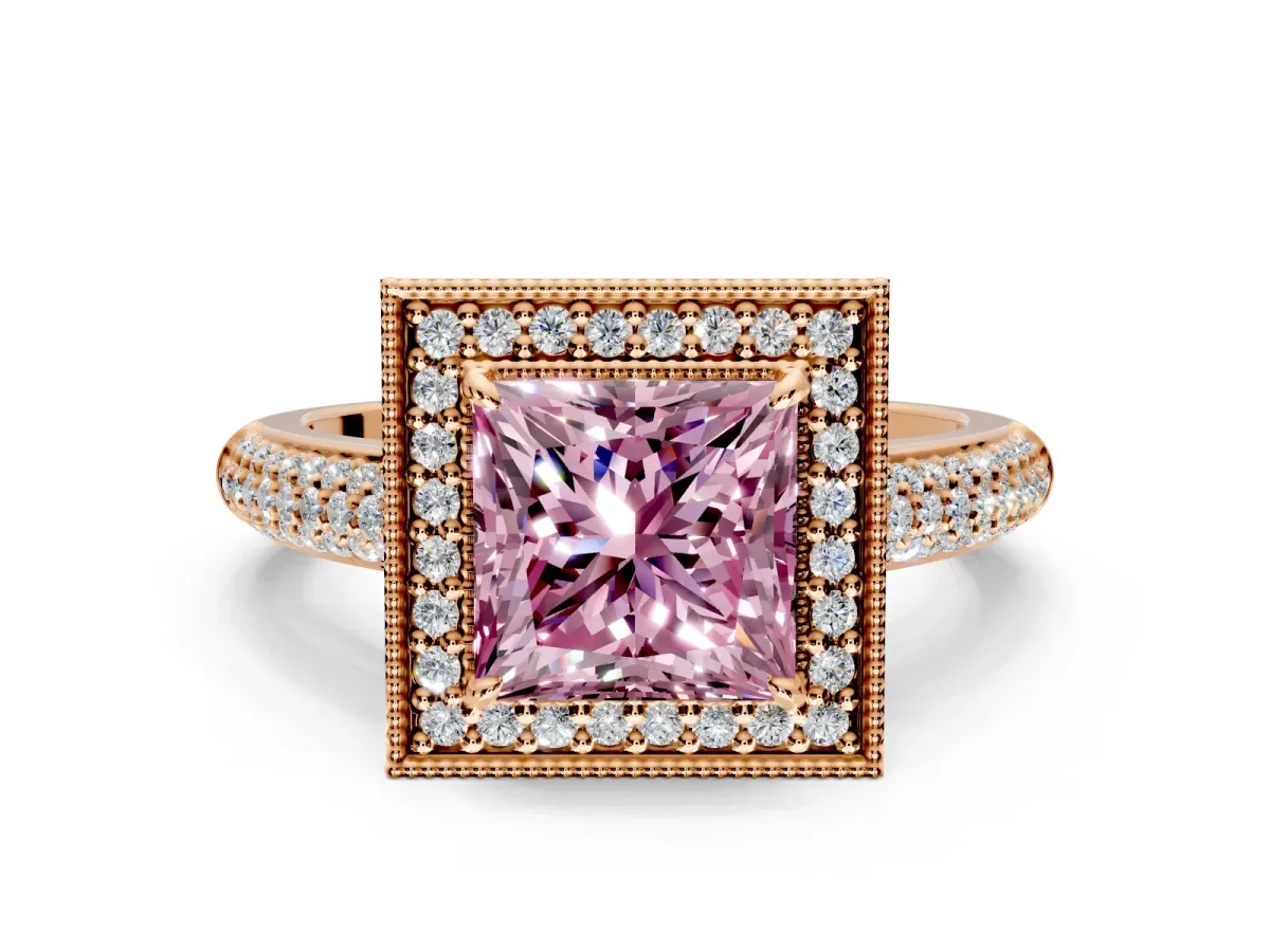 Milgrain Halo Engagement Ring Setting for Fancy Pink Princess Cut Center with Three-Sided Pave Band and Prong Head in Rose Gold
