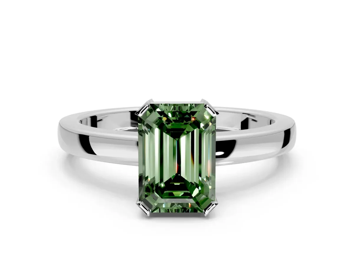 Solitaire Engagement Ring Setting for Fancy Green Emerald Cut Center with Plain Band and Flat Tab Prong Head in Sterling Silver