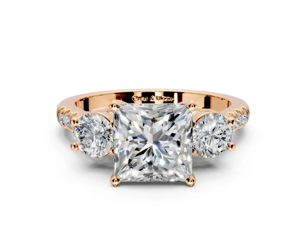 3 Stone Engagement Ring Setting for Princess Cut Center with Crossover Basket, Pave Band and Prong Head in Rose Gold