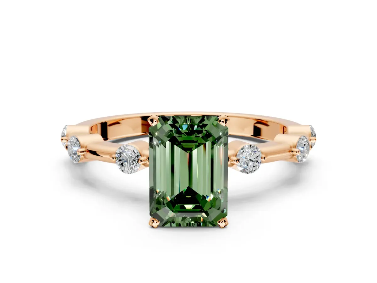 Solitaire Engagement Ring Setting for Fancy Green Emerald Cut Center with Bezel Station Band and Prong Head in Rose Gold