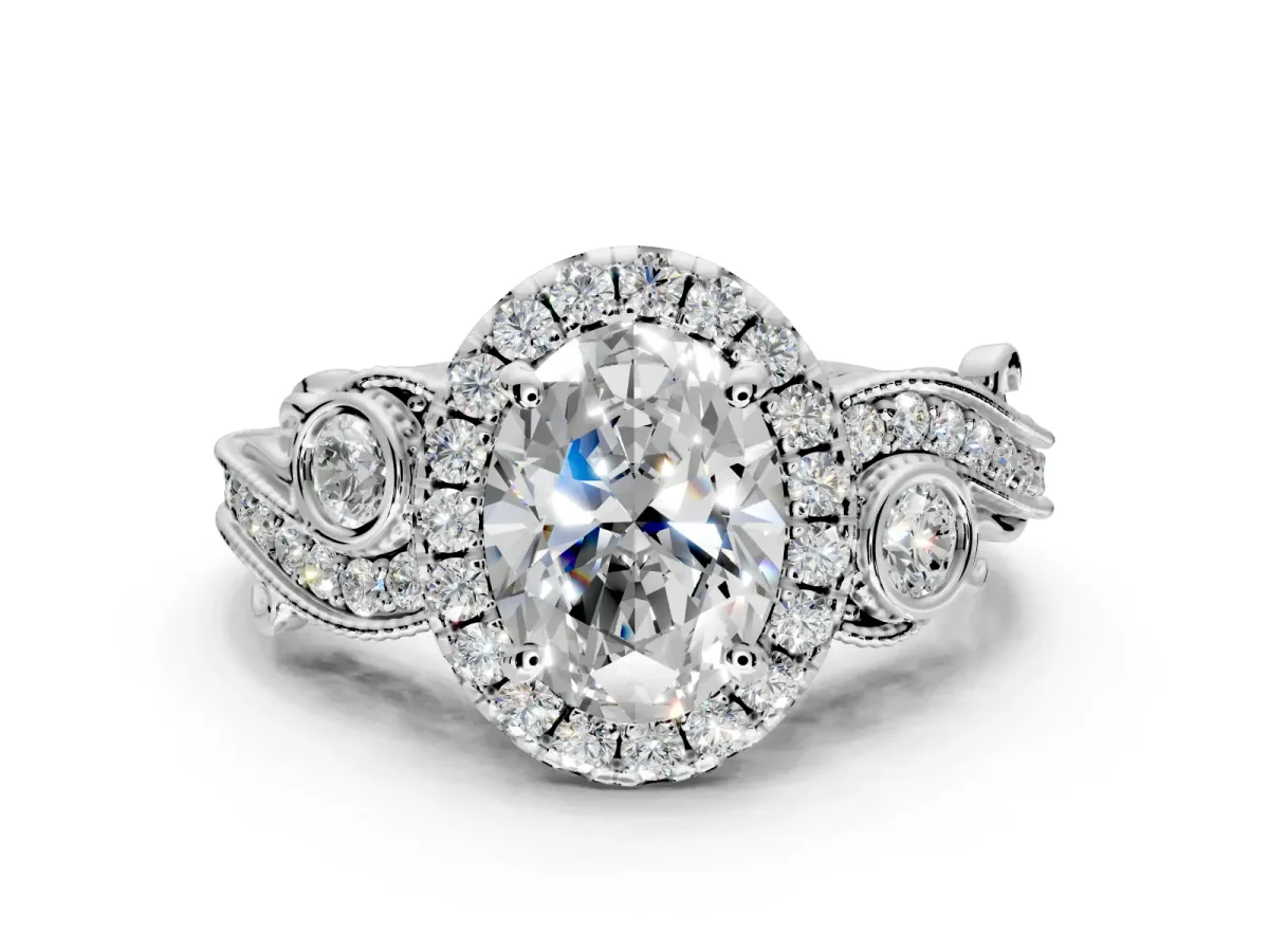 Milgrain Halo Engagement Ring Setting for Oval Center with Shoulder Bezels and Prong Head in Platinum