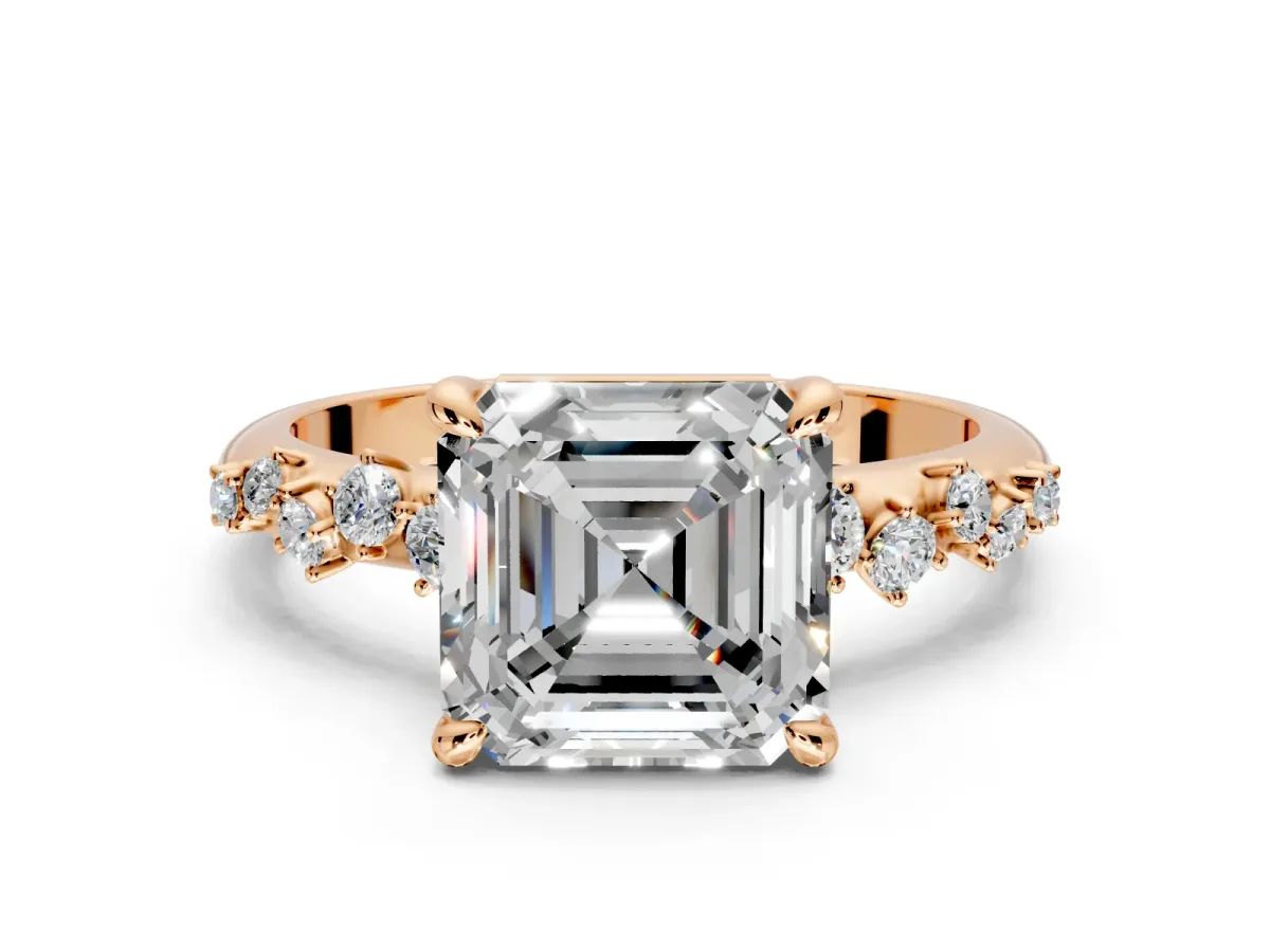 Solitaire Engagement Ring Setting for Asscher Cut Center with Trailing Leaf Accent Band and Prong Head in Rose Gold