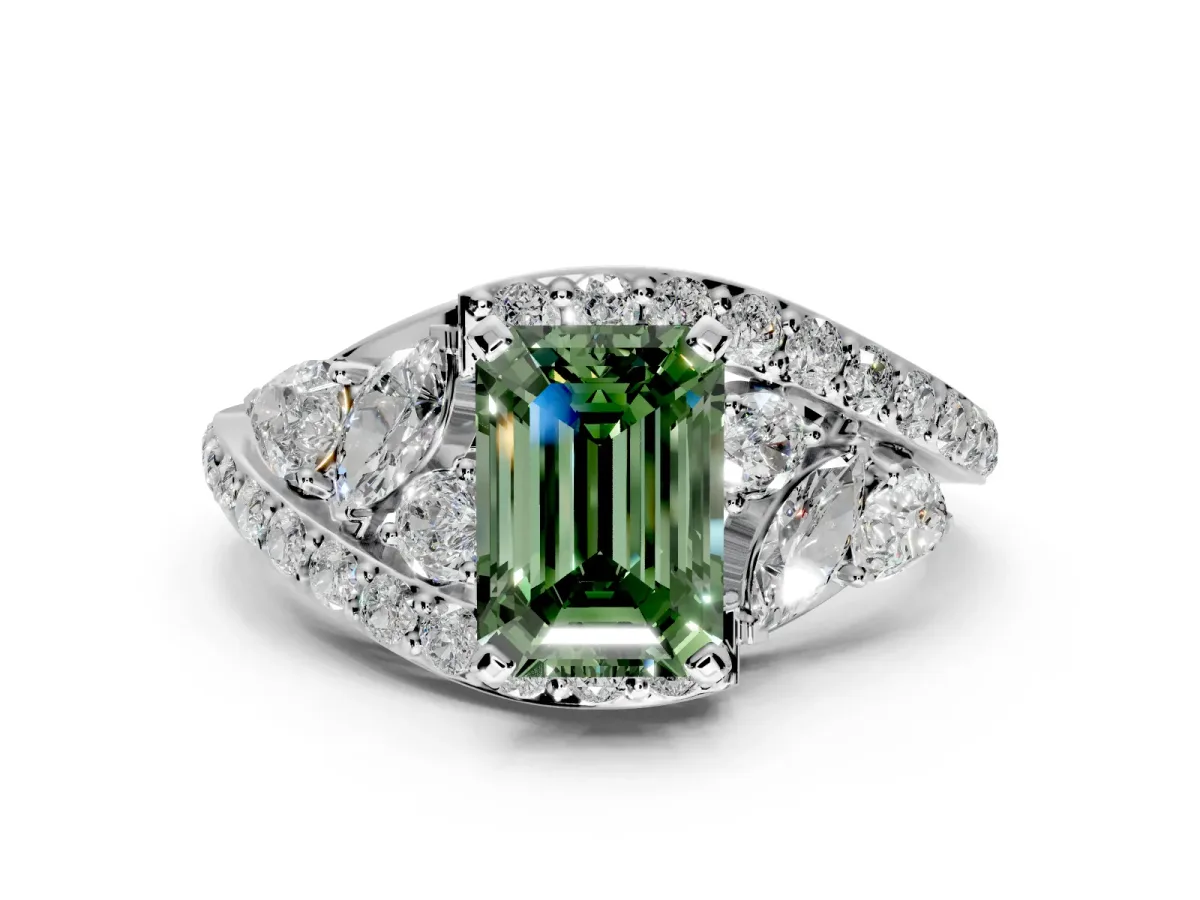 Halo Engagement Ring Setting for Fancy Green Emerald Cut Center with Marquise and Pave Bypass Band and Prong Head in Platinum
