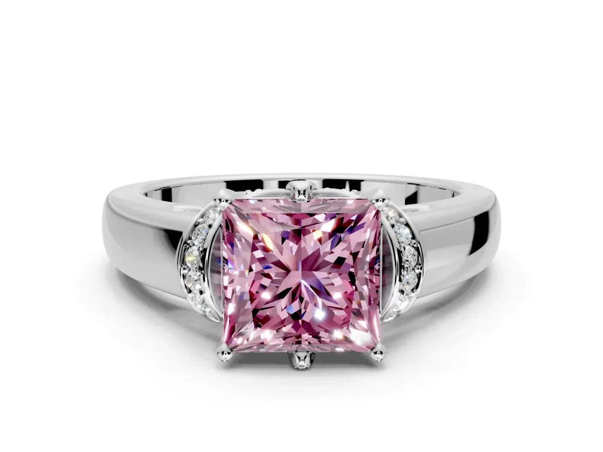 Solitaire Engagement Ring Setting for Fancy Pink Princess Cut Center with Wide Band, Pave Collar and Prong Head in Platinum