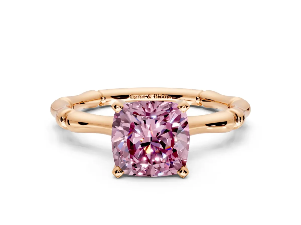 Solitaire Engagement Ring Setting for Fancy Pink Cushion Cut Center with Bamboo Band and Prong Head in Rose Gold