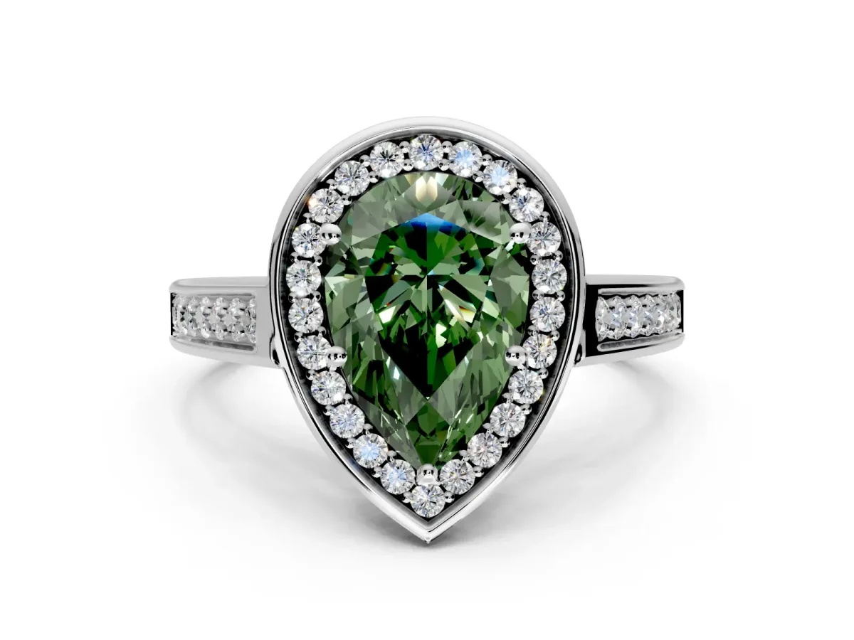 Halo Engagement Ring Setting for Fancy Green Pear-Shaped Center with Outer Bezel Rim, Pave Band and Prong Head in Sterling Silver