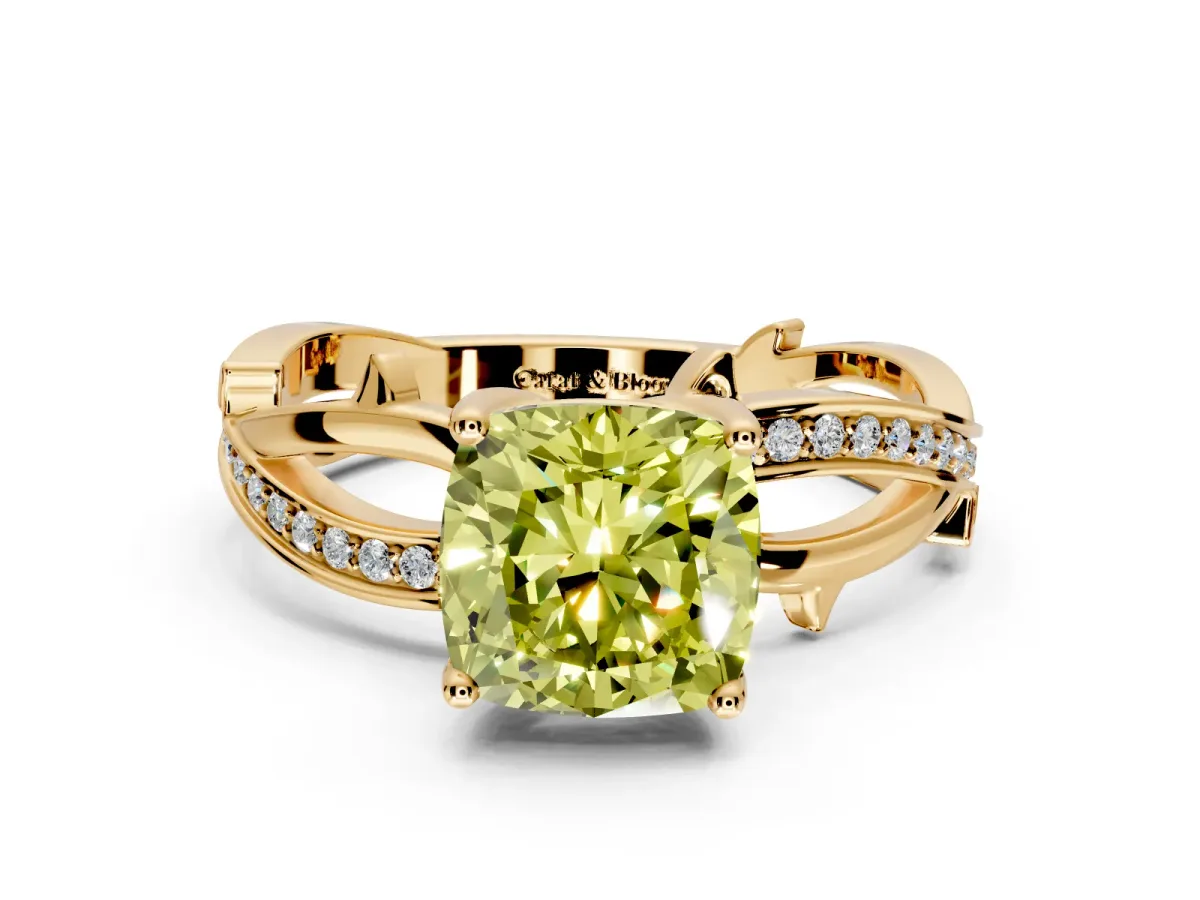Solitaire Engagement Ring Setting for Fancy Yellow Cushion Cut Center with Pave and Plain Crossover Band and Prong Head in Yellow Gold