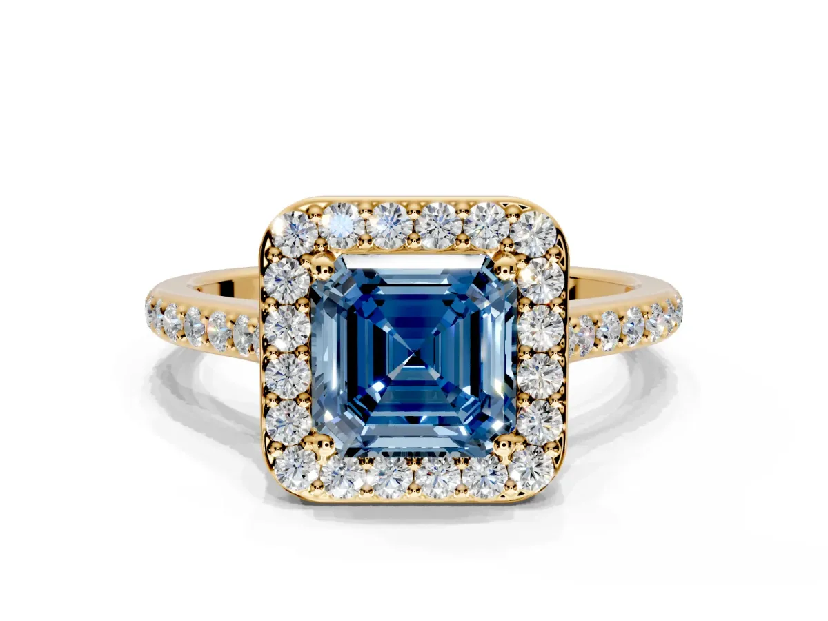 Halo Engagement Ring Setting for Fancy Blue Asscher Cut Center with Pave Accents, Heart Basket and Prong Head in Yellow Gold