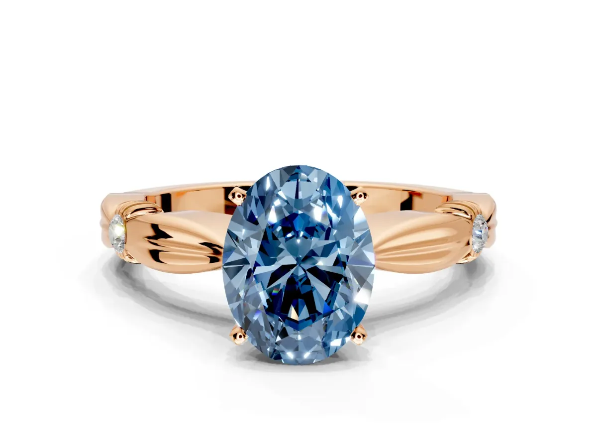 Solitaire Engagement Ring Setting for Fancy Blue Oval Center with Carved Leaf Shoulders and Prong Head in Rose Gold